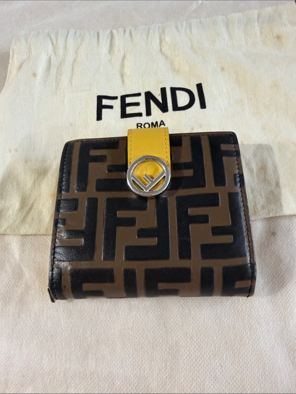 Fendi Brown FF Logo Card Holder with Yellow Strap
